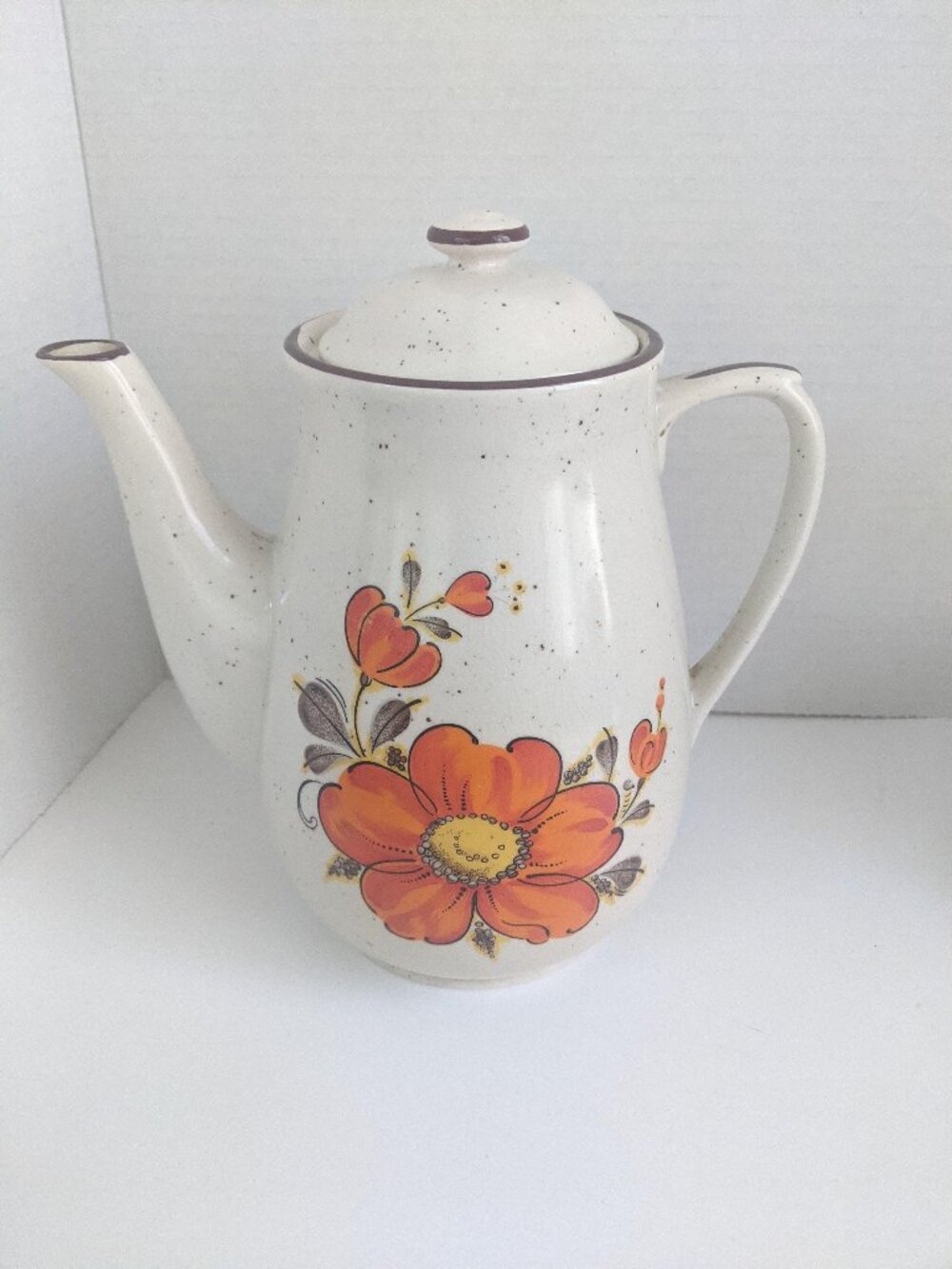 Speckled Valencia Stoneware Teapot: 70s Orange Floral Coffee Pot